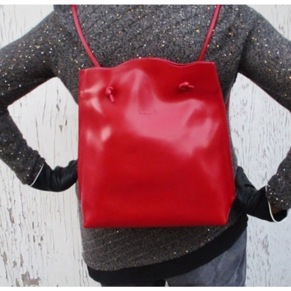 Minimal Red Leather Drawstring Backpack - Women's Stylish Everyday Bag